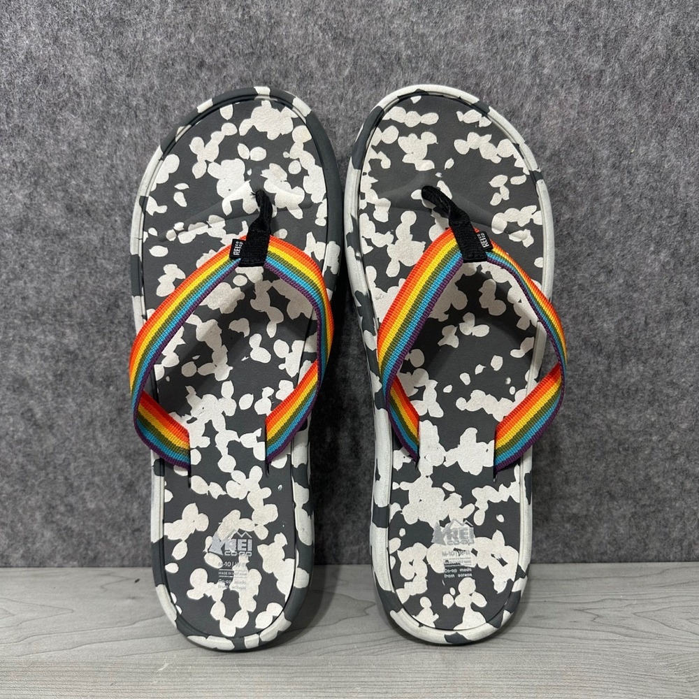 REI Co-op Men's Sz 10 Recycled Wide-Strap Flip-Flops Pride Edition Rainbow Camo